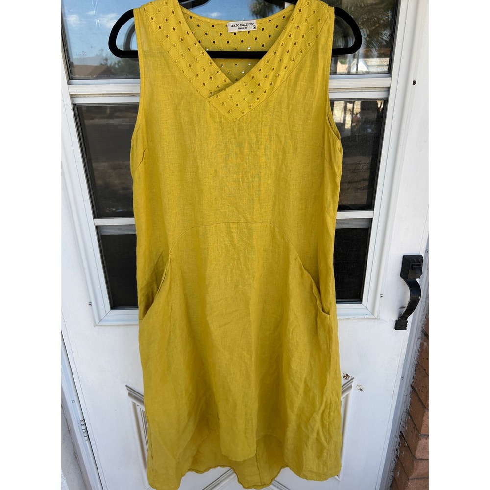 Terzo Millennio Italy Mustard Yellow 100% Linen Midi Dress Size M Lagenlook